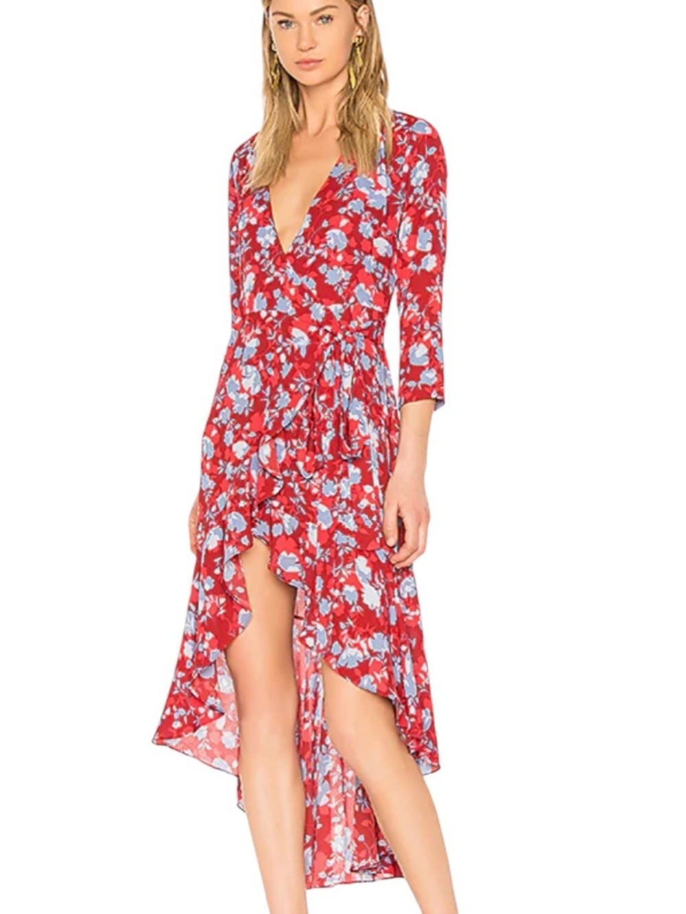 Alexis Silk Lorna Rouge Floral Wrap Midi Ruffle Hem Dress Size XS